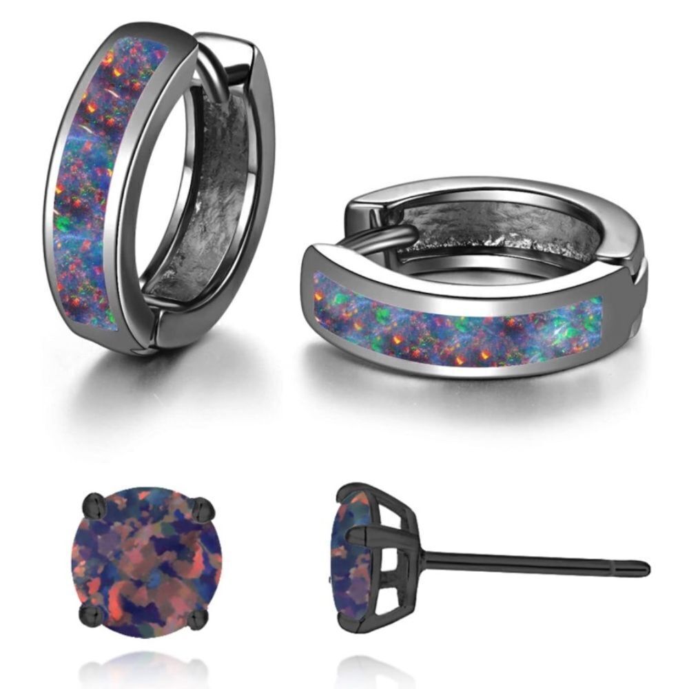 14K Black Gold with Genuine Black Fire Opal Huggie and Stud Earrings Set of 2